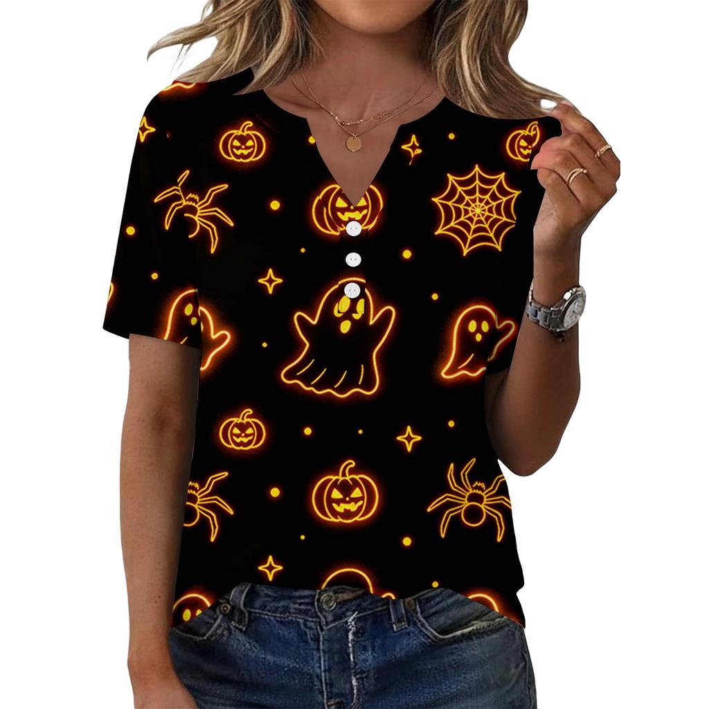 Women's Halloween Print V Neck Short Sleeve Button Front T Shirt Casual Fashion Top for Everyday Wear and Seasonal Events