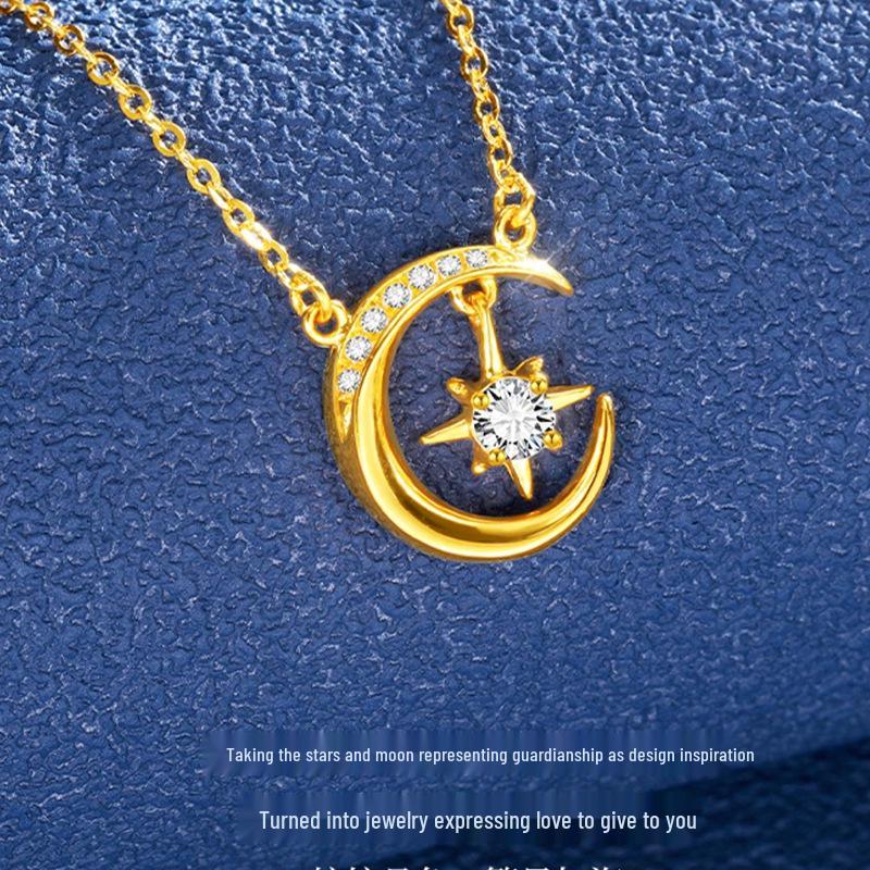 Vietnam Sand Gold Diamond Star & Moon Necklace – Gold-Plated Brass Pendant, Women's Minimalist Luxury Design