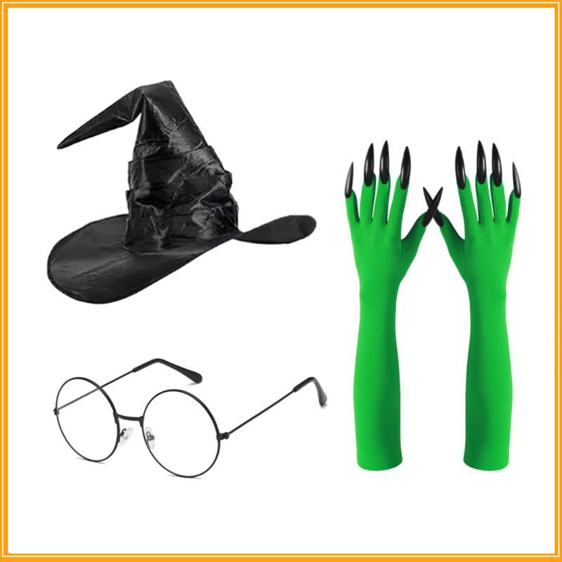Halloween Green Witch Costume Set With Claw Gloves Striped Socks Wizard Hat Cloak And Round Glasses For Party Cosplay