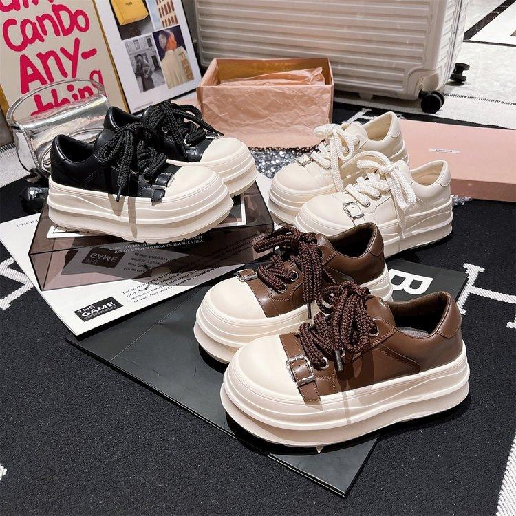 2025 Metal Buckle Leather Big Head Lace-up Thick-soled Muffin Bread Shoes Casual Board Shoes Small German Training Women's Shoes
