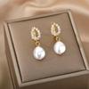 Cross Retro Pearl Temperament Earrings - 18K Gold Plated Stainless Steel with Diamond Inlaid Mother-of-Pearl Heart Bow Design