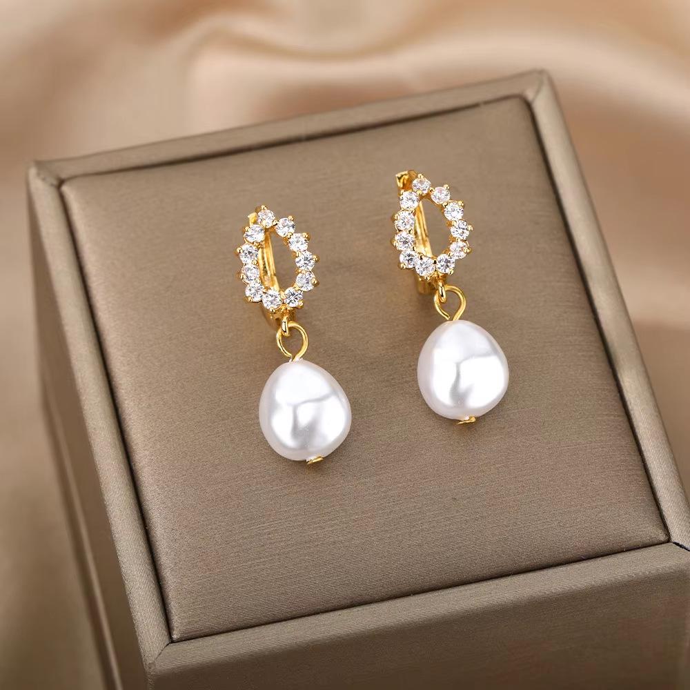 Cross Retro Pearl Temperament Earrings - 18K Gold Plated Stainless Steel with Diamond Inlaid Mother-of-Pearl Heart Bow Design