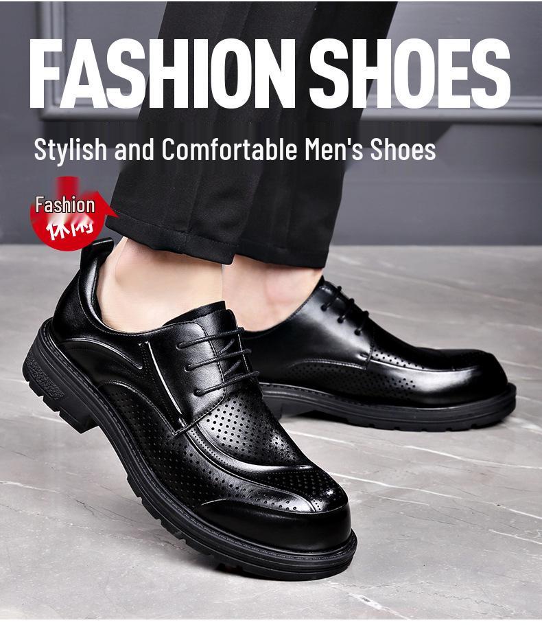 Men's Summer Breathable Lace-Up Leather Shoes - Versatile, Comfortable, Trendy, Perforated, Thick Sole Casual Footwear.