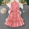 Light luxury celebrity temperament stand-up collar lantern sleeve dress women's summer new lace splicing waist and thin big swing dress