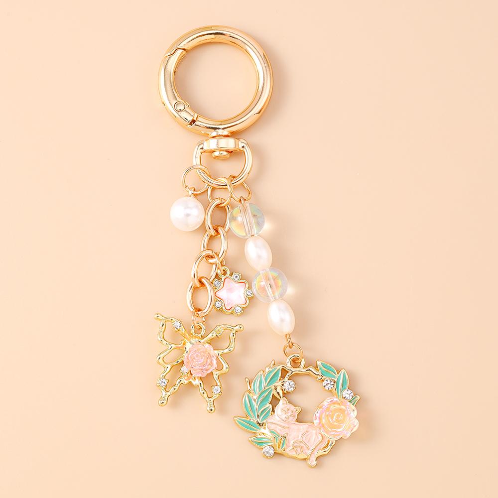 Cute Enamel Flower Butterfly Keychain Women Girls Beads Pearl Key Ring Pendants for Handbag Decor DIY Handmade Jewelry Gifts