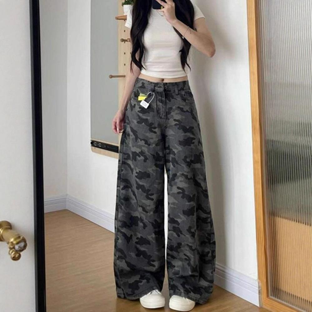 Fashionable Comfortable Plus Size Vintage Camouflage Work Jeans Female Autumn High Waist Loose Thin Wide Leg Trousers Jeans for Women Long Denim Pants