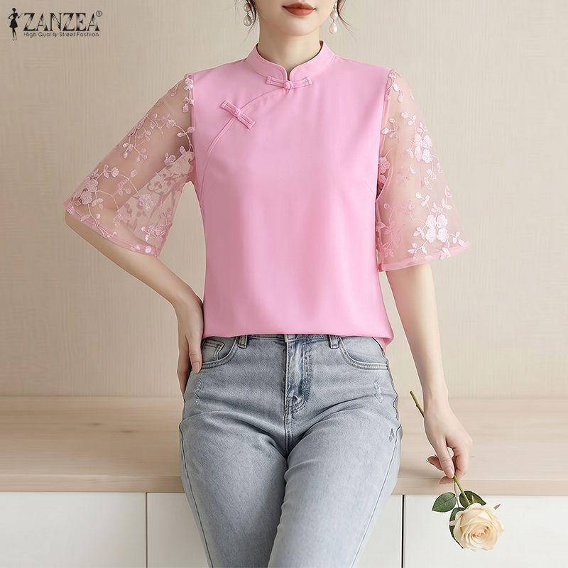 ZANZEA Women Elegant Lace Splice Half Sleeve Summer Casual Stand Collar Blouse S розовый