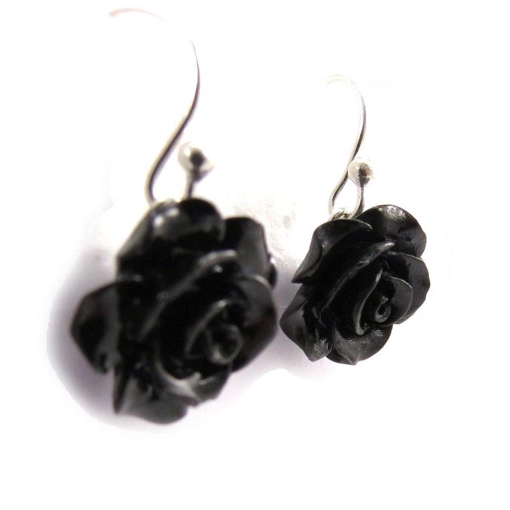 Les Trésors De Lily [J4401] - Silver 'Rose Noire' Silver Black Earrings (resin) - 13 Mm
