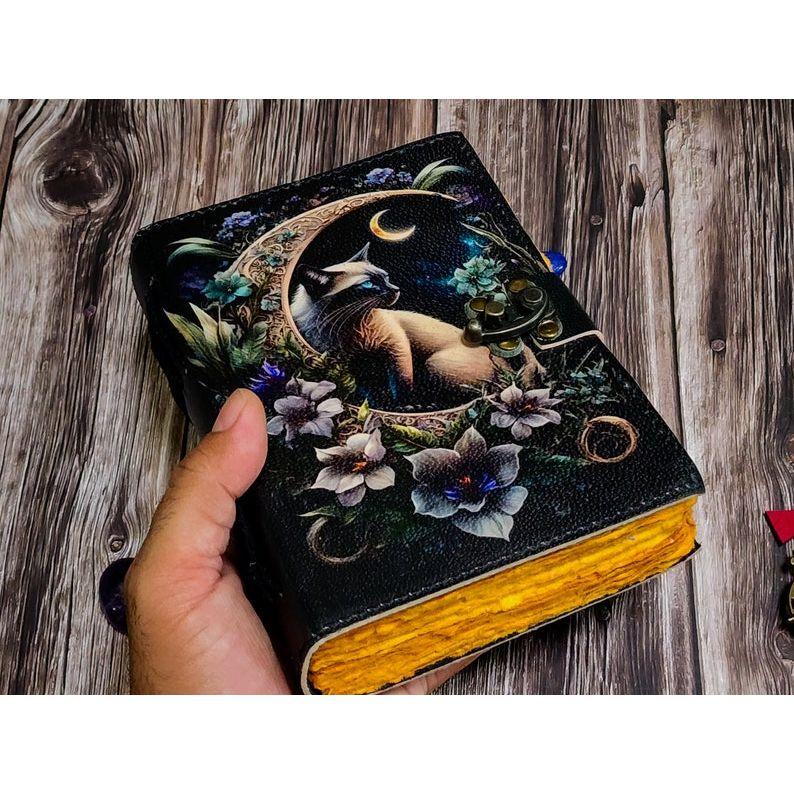 Leather journal Spell wizard Cat Book Blank Magik Notebook Book Of Shadows Wiccan Pagan grimoire book for Traveling Sketching best gift