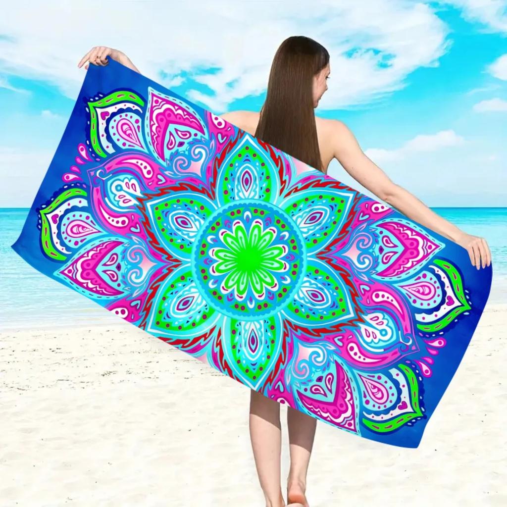 Boho Mandala 2D Flat Printed Peach Skin Beach Towel Colorful Flower Sand Free Bath Towel Summer Seaside Vacation Travel Blanket