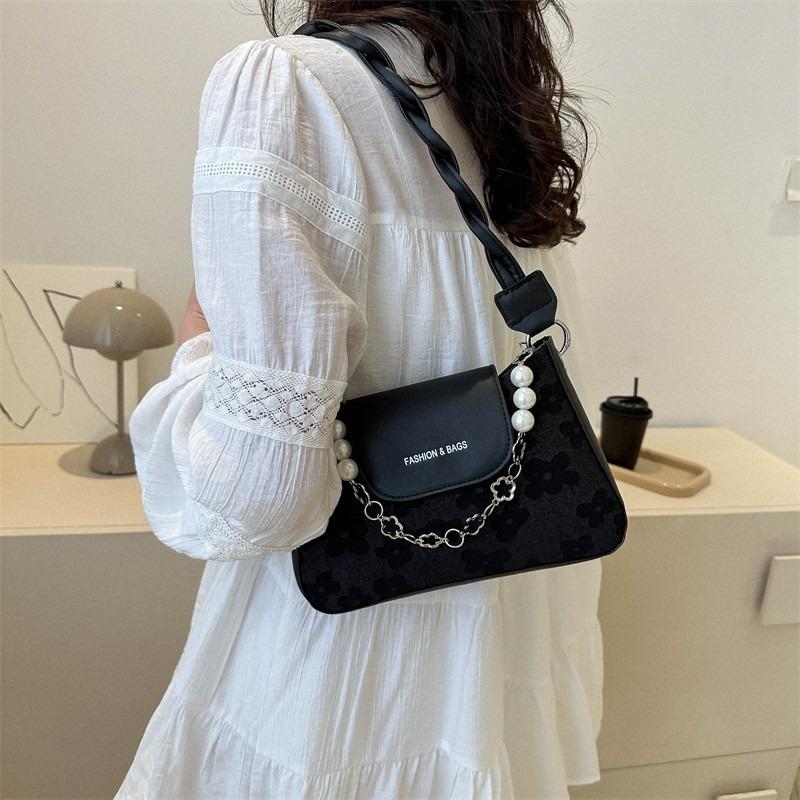 Niche retro texture small square bag fashion chain jacquard armpit bag pearl chain decorative temperament shoulder bag