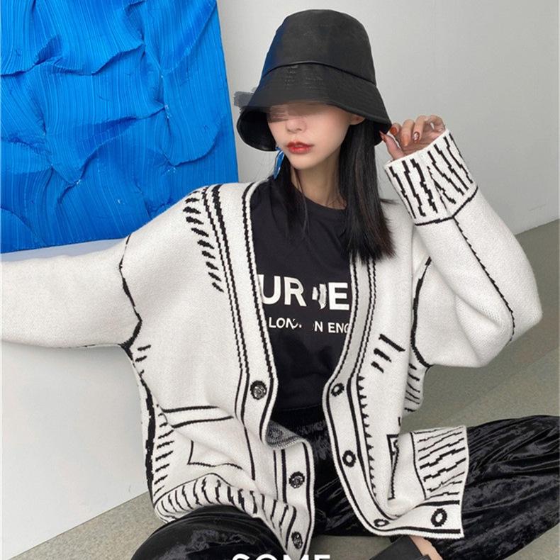 Print Graffiti Cardigan Women Long Sleeve Top Y2K Loose V-neck Sweater Autumn Winter Streetwear Knitted Female Cardigans Coat
