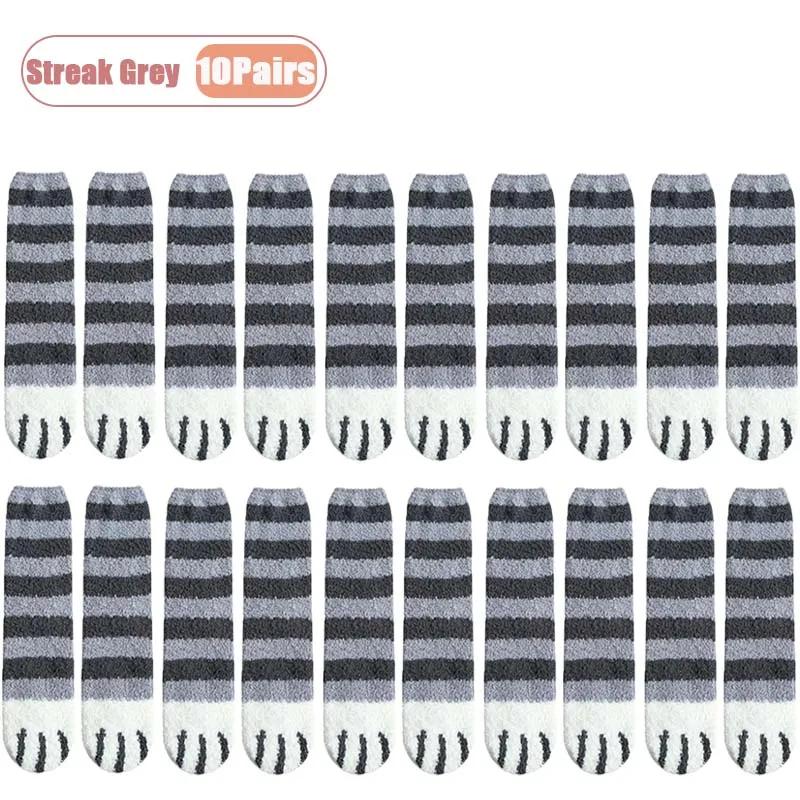 1-10Pairs Autumn Winter Cute Cat Paw Coral Fleece Mid-Calf Socks for Women Thickened and Warm Sleep Socks for Cold Weather