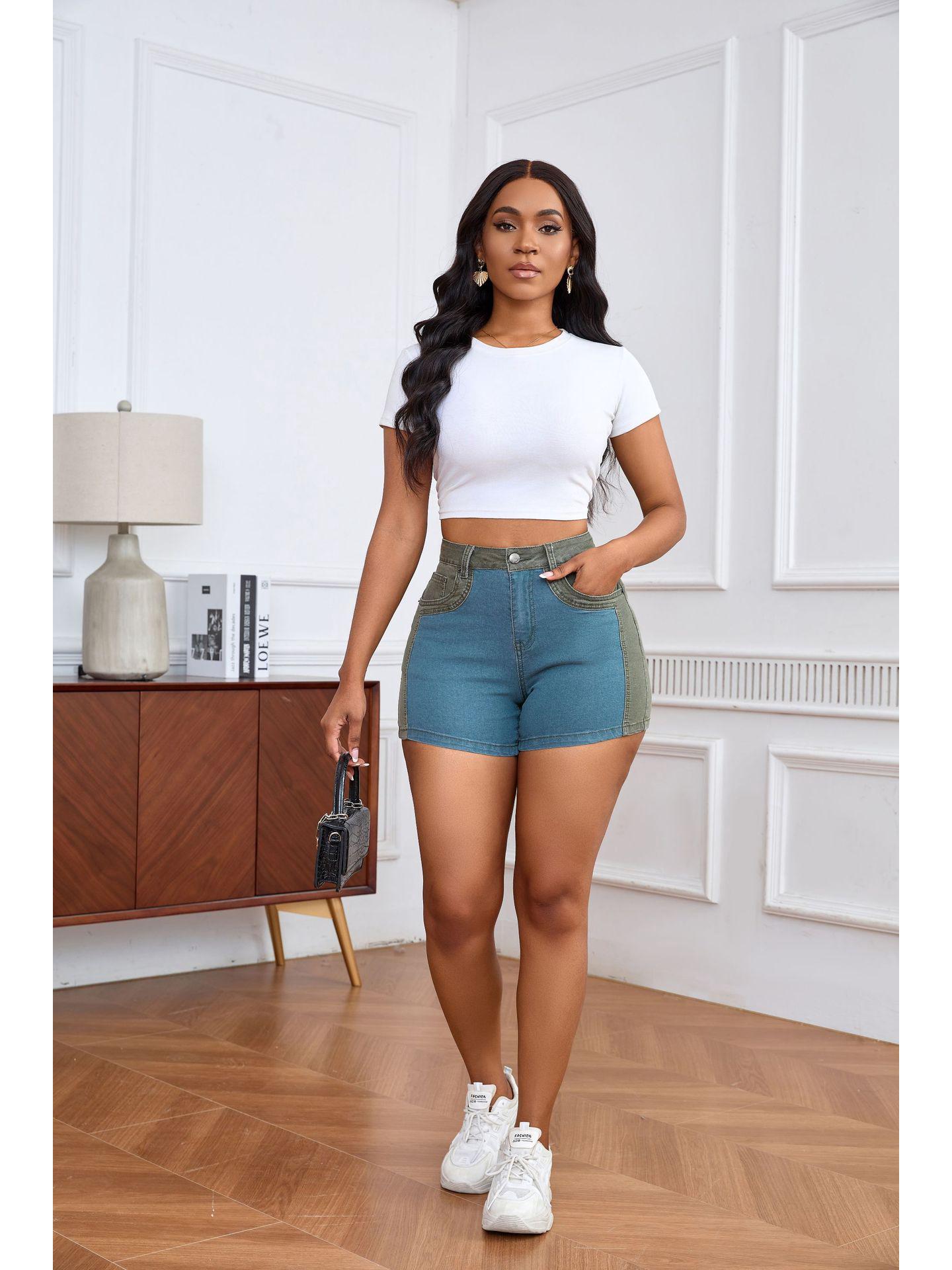 

2025 Европейские и американские стрейчевые модные джинсовые шорты пэчворк с эффектом лифтинга бедер для женщин S зелёный