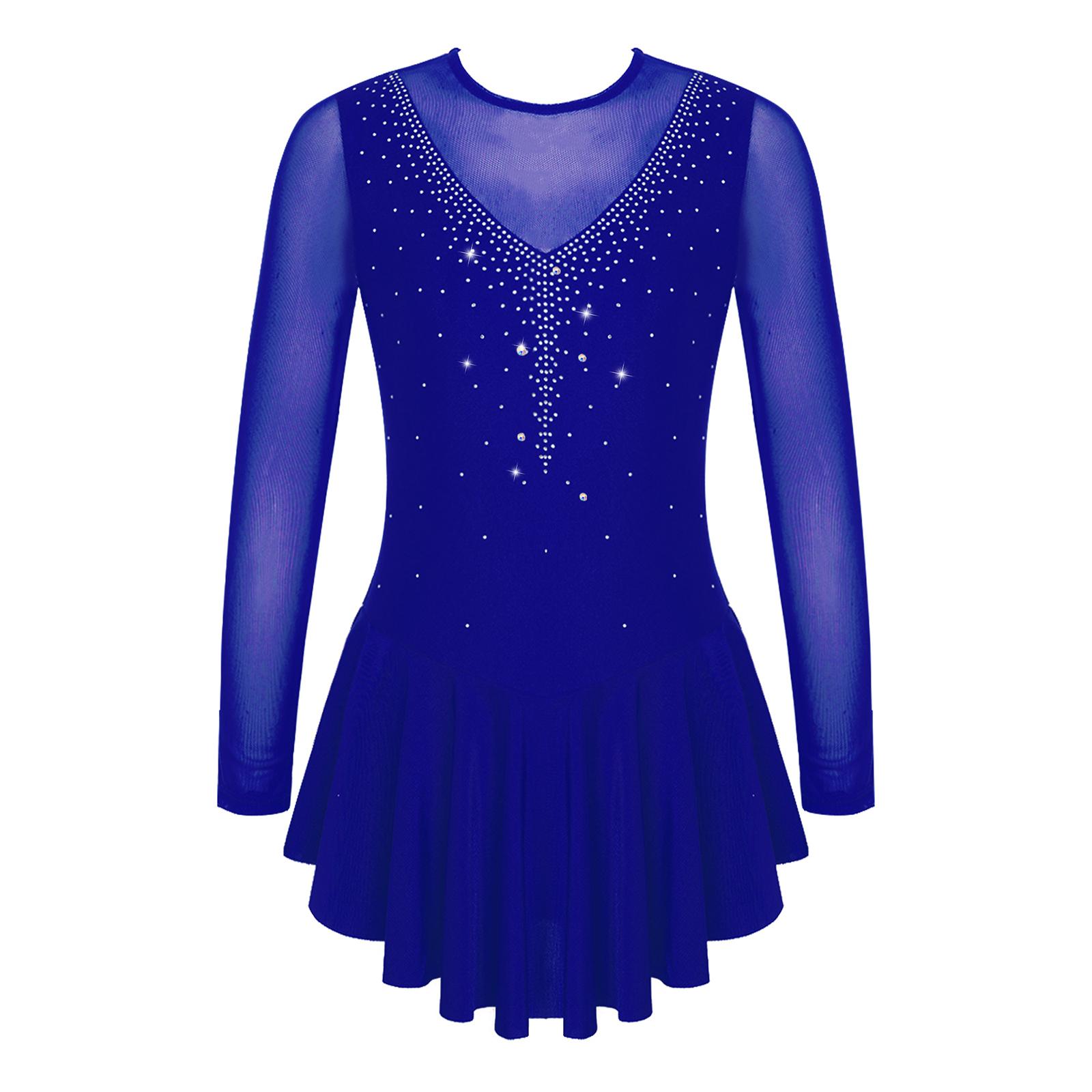

Дівчата Плаття для виступів Блискучі стрази V-подібний виріз Дизайн печворк Відкрита спина Довгий рукав Костюм для катання 9-10 Years королівський синій колір