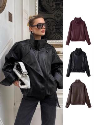 Autumn/Winter 2025 Women's European/American Style Double-Layer Collar Loose Motorcycle Jacket