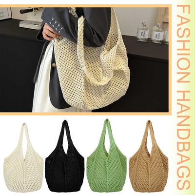Women Crochet Tote Bag Fashion Knitted Bag Large Capacity Hollow Out Tote Bag Solid Color Casual Handbag Vintage Vacation Bag