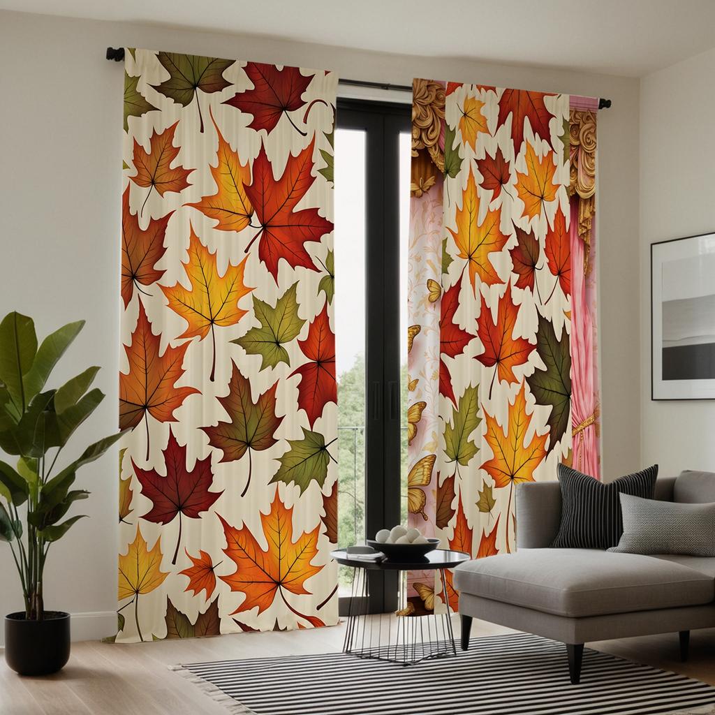 2 Pieces of HD Autumn Maple Leaf Leaf Decoration Curtain Yellow Tie Digital Printed Curtain Home Decoration Style Decoration Liv