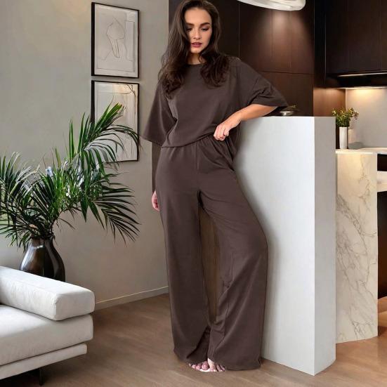 Damskie Zestawy 2-częściowe Casualowy Pulower z Krótkim Rękawem Luźna Góra i Spodnie z Szerokimi Nogawkami Zestaw Letni Dres Lounge
