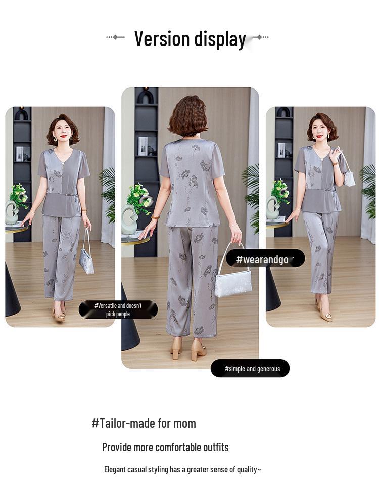 Elegante conjunto de verano de chifón de dos piezas para mamá – Manga corta, talla grande, para mujeres de mediana edad y mayores.