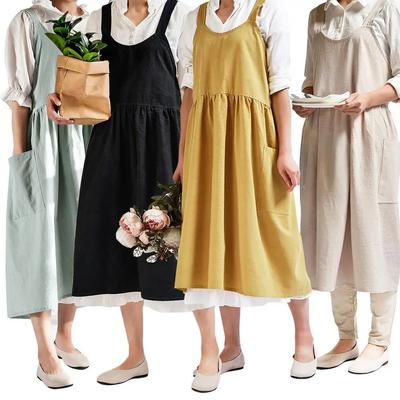 Women Cross Back Apron Japanese Housework Baking Wrap Cotton Linen Florist Dress Literary Art Cotton And Linen Advertising Apron