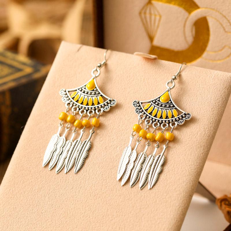 

New Drop Oil Fan Shaped Leaf Ethnic Earrings for Women Boho Seed Bead Dangle Earring Silver Color Alloy Female Jewelry