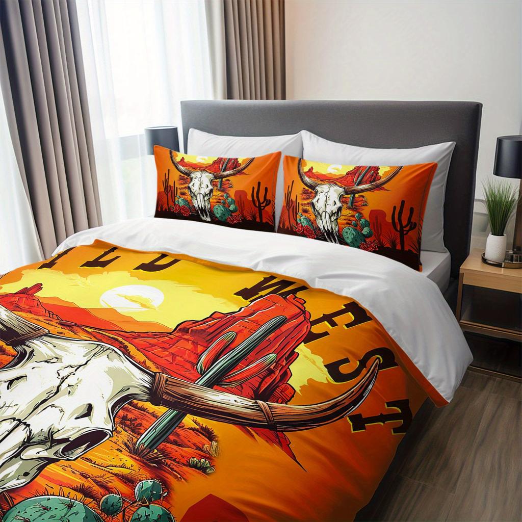 3pcs Wild West Sunset Cactus Cow Skull Bedding Duvet Cover Set Wild West Themed Bed Quilt Set Western Style Bedroom Decor