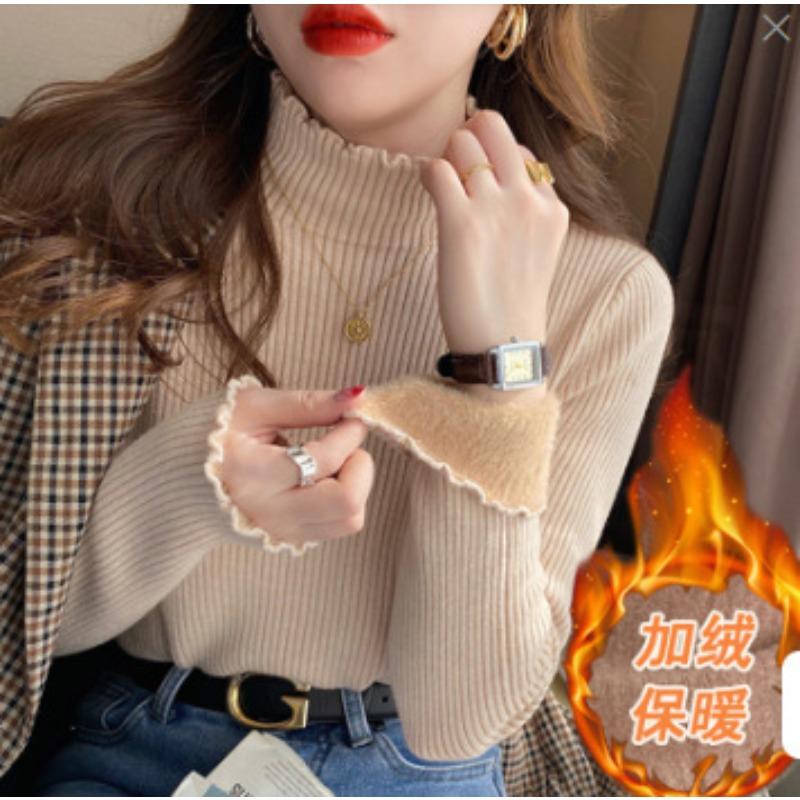 

Semi-turtleneck white thickened fleece knitted bottoming shirt women s new autumn and winter small sweater top One size [recommended 80-60kg]