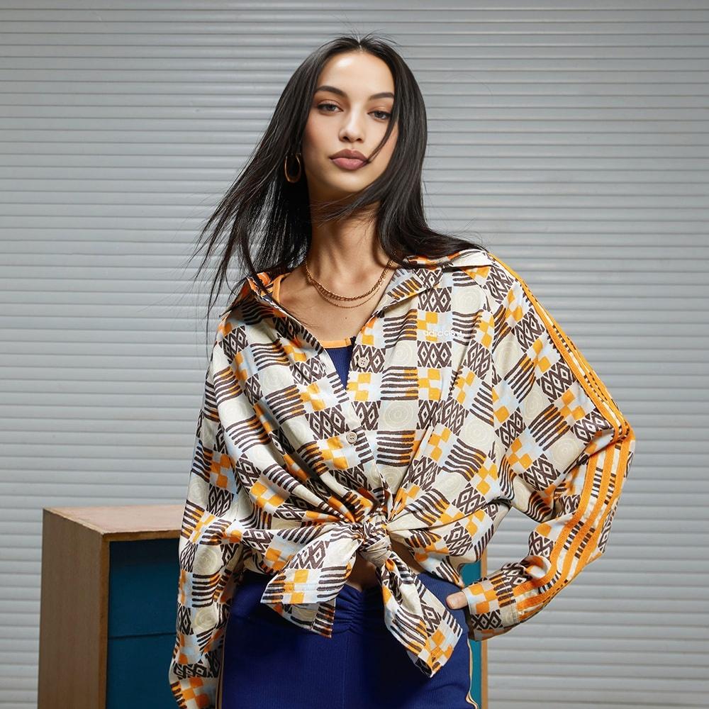 Adidas Originals 80s Long Sleeve Shirt With Full Pattern Stripes And Turn-down Collar Women Tops Grey Brown JC6156