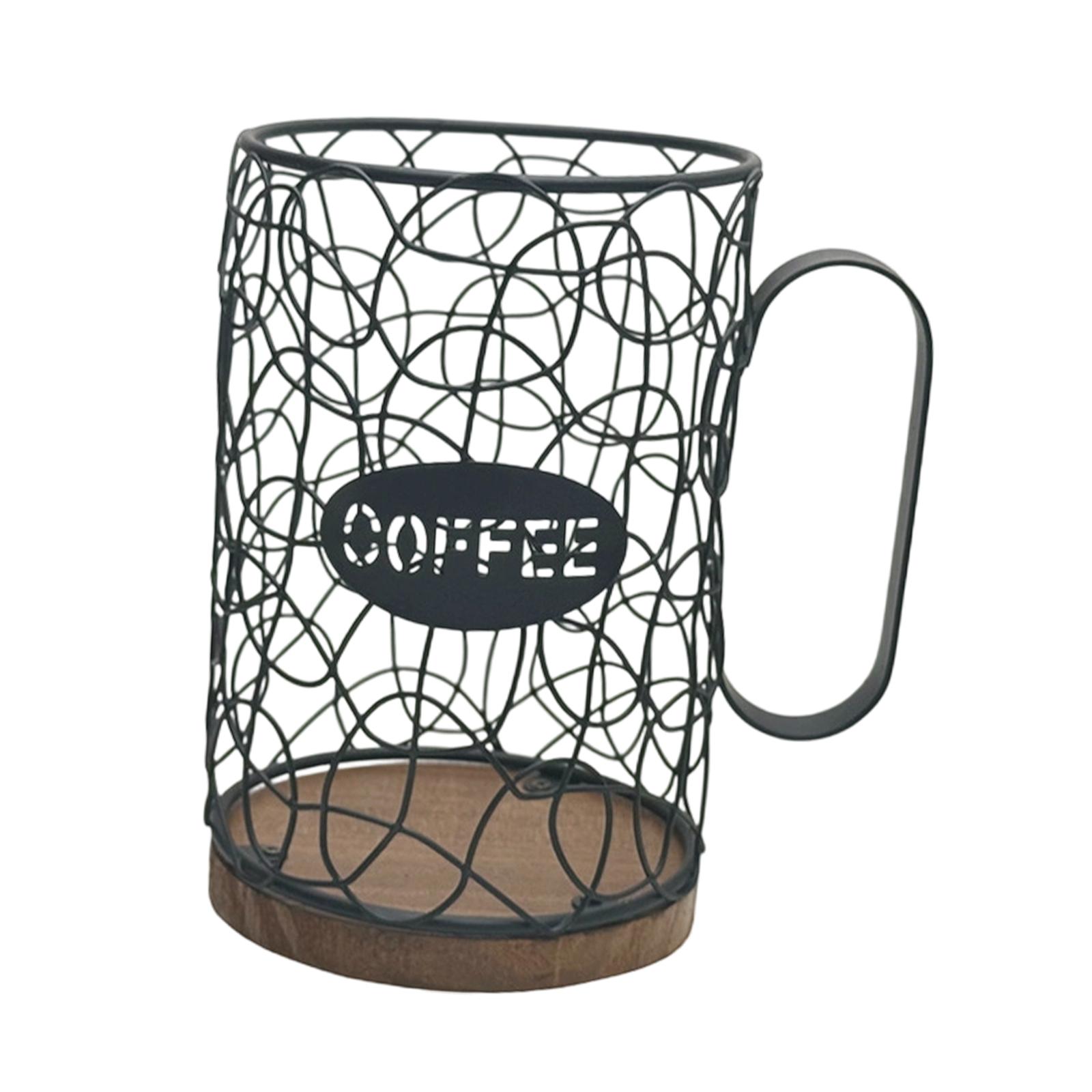 Coffee Capsule Storage Basket with Wooden Base Wire Coffee Pod Container Espresso Organizer for Coffee Shop Home
