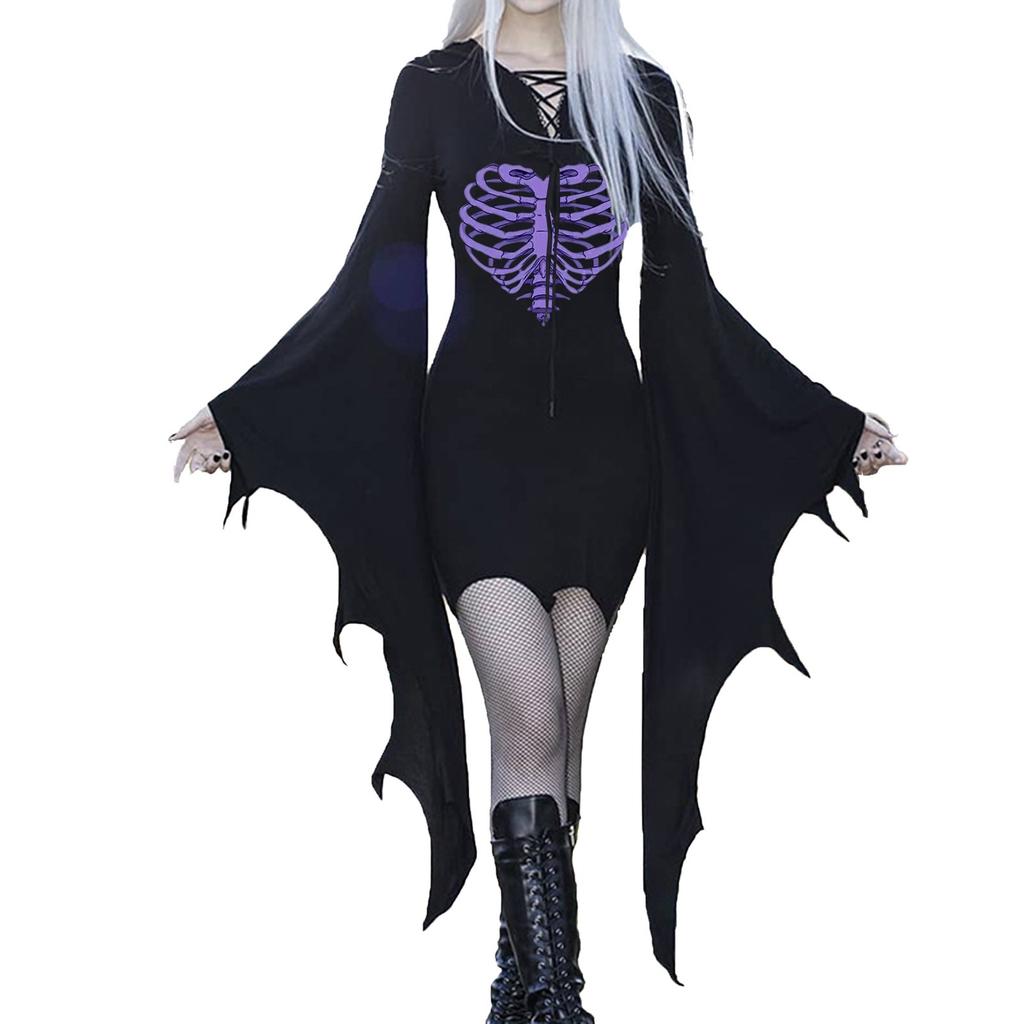 Medieval Vampire Cosplay Costume Women Sexy Slim Gothic Black Dress Vintage Bat Sleeve Witch Halloween Carnival Party Dresses