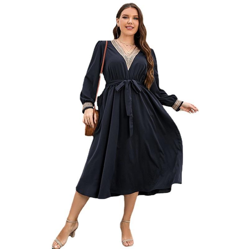 Women 's Casual Lantern Long Sleeve Dresses V-Neck Lace Stitched Plus Size Dress for Female Tie Up Mid-Length Dress Commuter Fashion Maxi Dresses