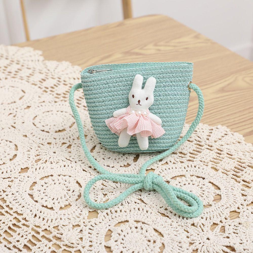 

Cute Cartoon Bunny Mini Straw Bag Handmade Woven Zipper Crossbody Handbag Photo Props Coin Purse Storage Basket