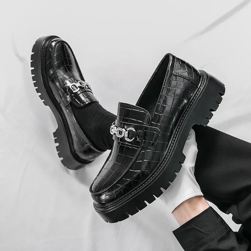 Low-Top Men's Business Shoes Fashionable Thick-Heeled Slip-On Wedding Shoes Four-Season Single Shoes British Style Leather Shoes