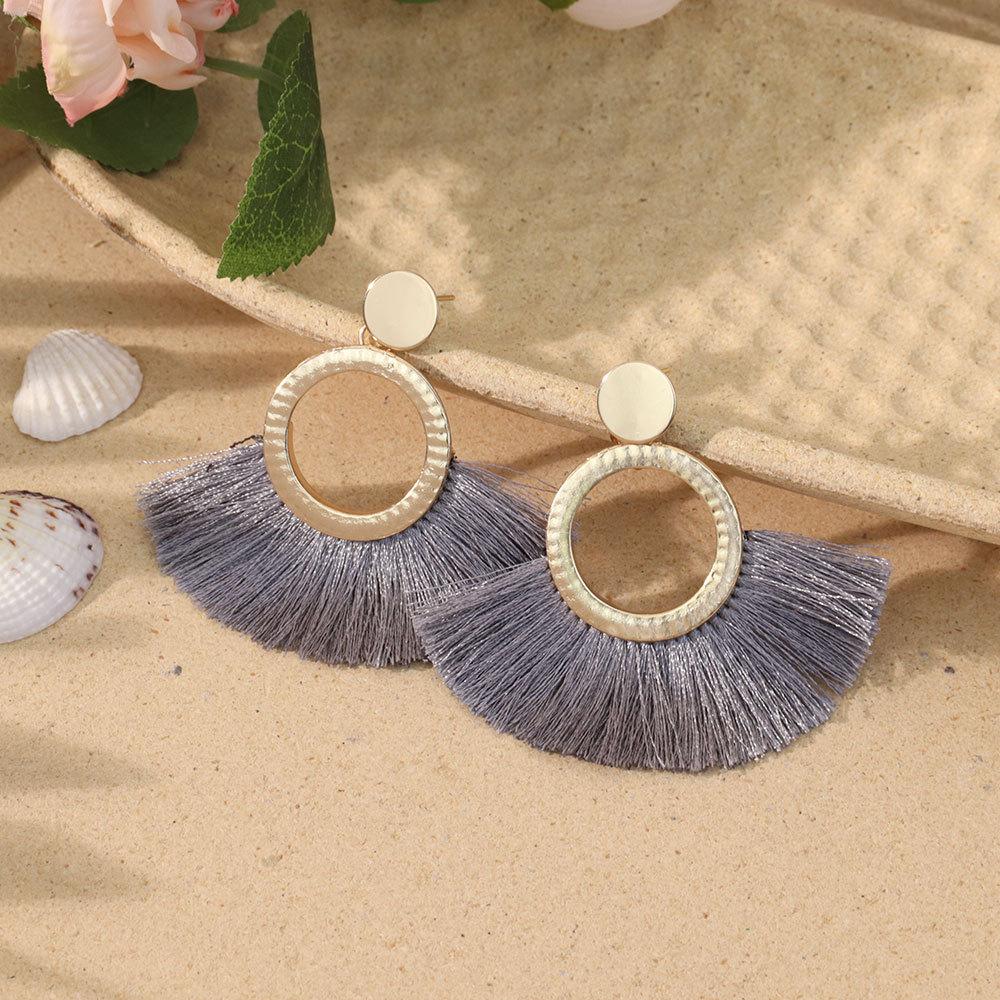 Bohemian vacation wind fringed earrings ins niche design sense stainless steel earrings exaggerated circle earrings tide
