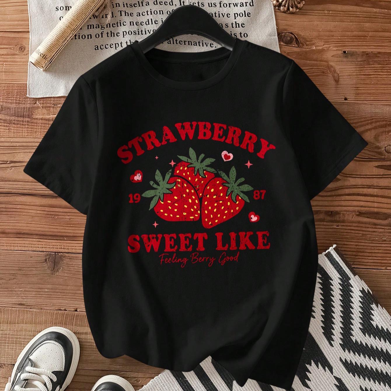 

Retro Strawberry Print Short Sleeve Loose Round Neck T-shirt - Trendy Casual European and American Women s Fashion Top L чёрный