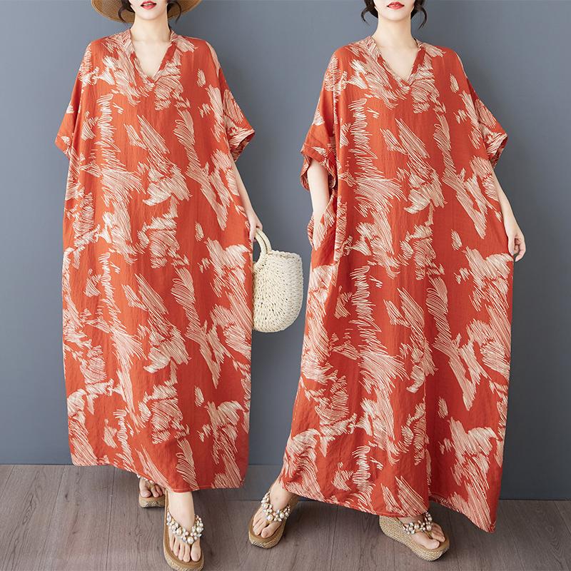 Dimanaf 2025 Summer Women Plus Size Dress Casual Dress Beach Loose Basic Vintage Printing Long Dress Maxi