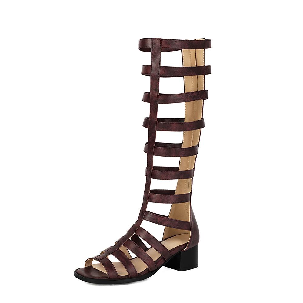 Brown Women Gladiator Sandals Med Block Heel Lady Casual Shoes Large Plus Size 48