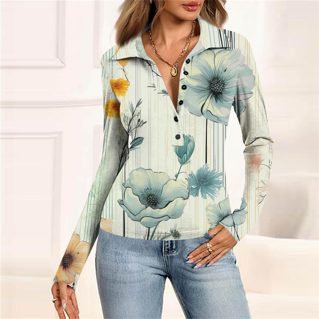 Women's Fashion Casual Printed V-Neck Long Sleeve Button-Down Top