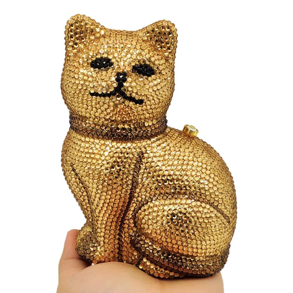 Boutique De FGG Black Cat Shape Women Crystal Clutch Evening Bags Rhinestone Clutch Minaudiere Handbag Party Wedding Purse