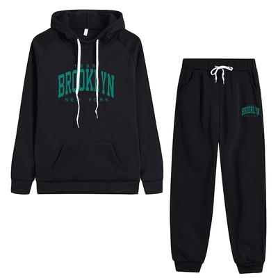 Women's Autumn Winter Casual Sports Jogging Suits Green Brooklyn Printed Hoodies and Sweatpants Girls Urban Fashion Outfits