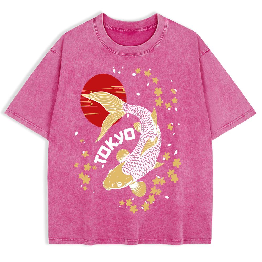 Japanese Koi Harajuku Printed Washed T-Shirts Mens Cotton Oversize T Shirt Casual O-Neck Short Sleeve Tops Summer Clothes