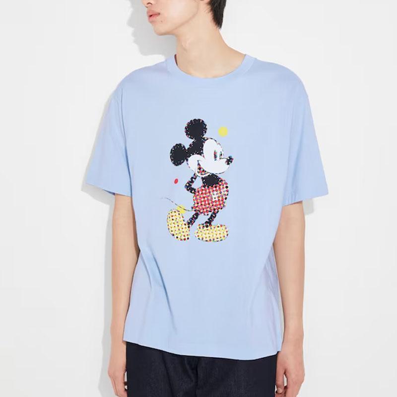Uniqlo × Disney Collaboration Round Neck Mickey Graphic Print Short Sleeve T-Shirt Unisex Tops Light-Blue 458360-60