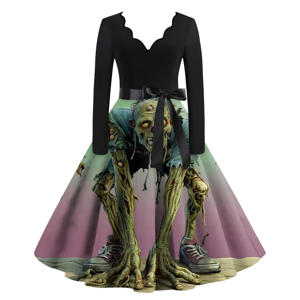 Women's Casual V-Neck Long Sleeve Vintage Print Dress for Halloween