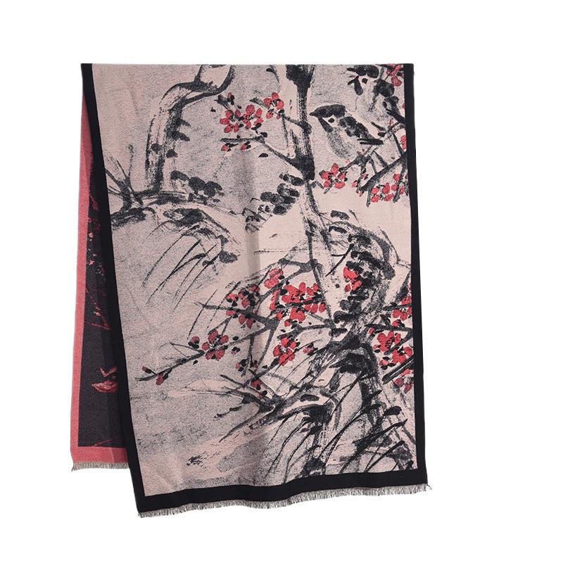 Women's Beige Wintersweet Flower Print Scarf: Autumn/Winter Literary Style, INS Fashion, Imitation Cashmere Shawl
