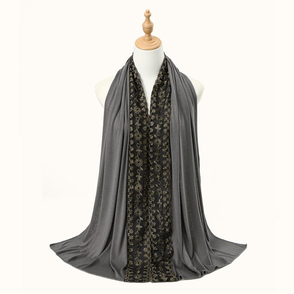 Premium Lace Jersey Hijab Scarf For Women Muslim Embroidered Flowers Hijabs Long Shawl Wraps Headband Scarves Muffler 170*60Cm