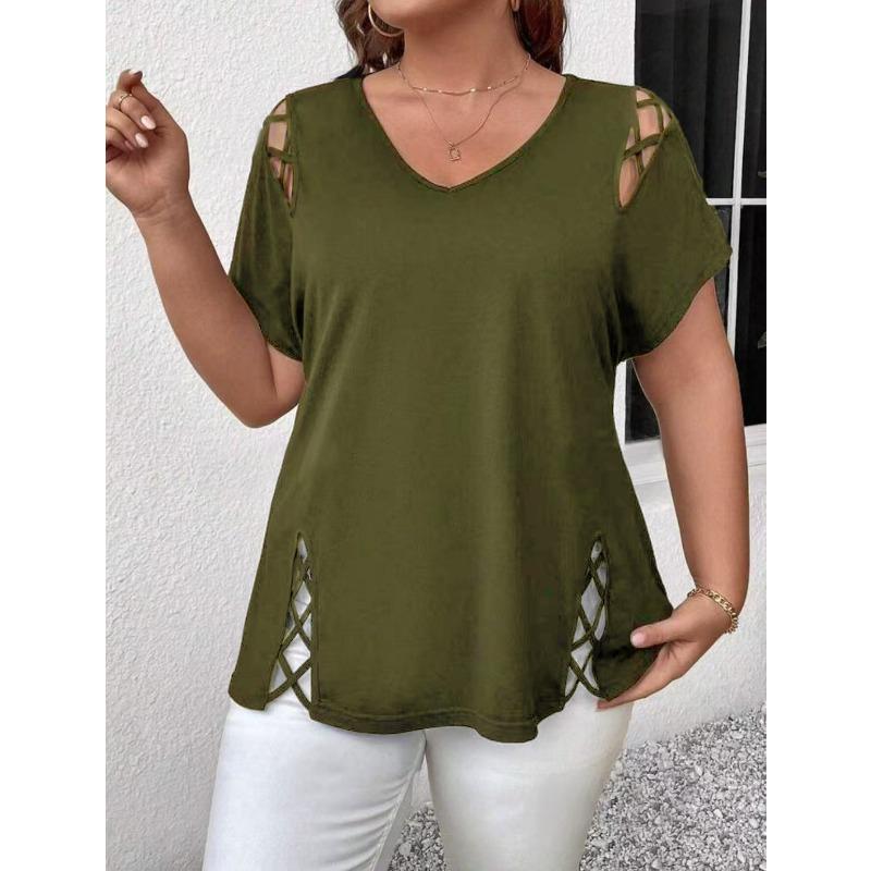 Women Plus Size Solid Cross Strap Short Sleeve T Shirt