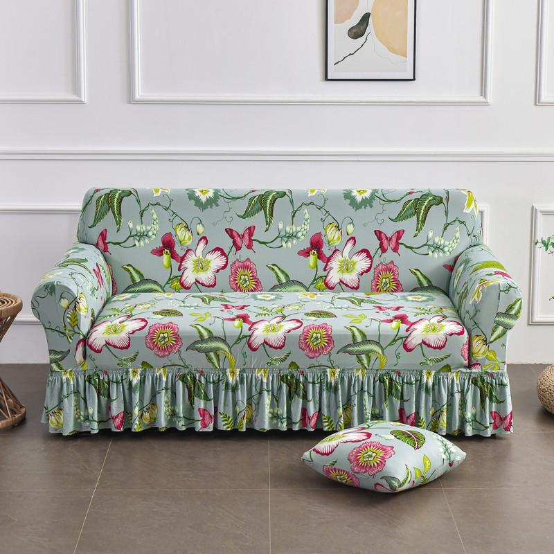 Elastic Stretchable Sofa Cover with Skirt Washable Furniture Protector Printed Slipcovers with Elastic Bottom for Living Room