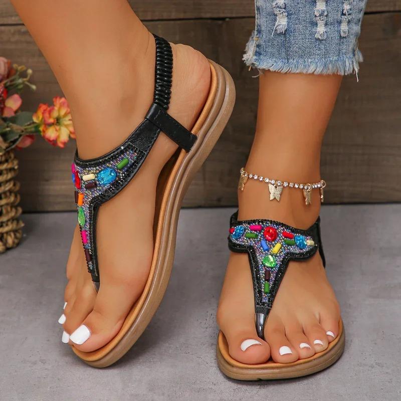 Summer Bohemian Beaded Sandals for Women Slip on Comfort Clip Toe Rome Flat Heels Non Slip Beach Woman's Sandals Sandalias Mujer