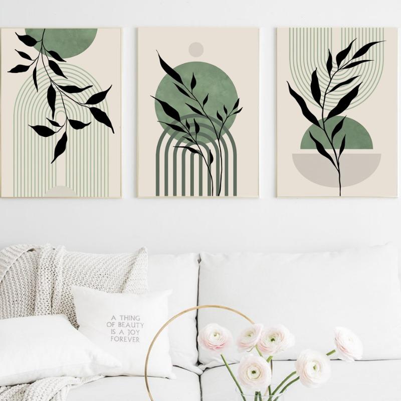 Bohemian Abstract Art Line Girl Sun Rainbow Leaves Posters and Prints Wall Art Canvas Painting Picture Bedroom Living Room Decor